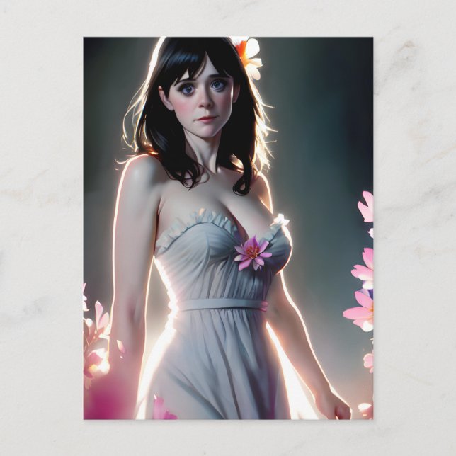 Carte Postale Une belle femme aux longues fleurs roses noires (Devant)