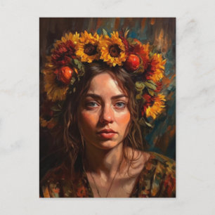 Carte Postale Une belle femme avec des tournesols dans les cheve