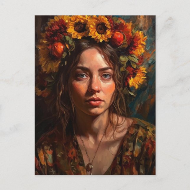 Carte Postale Une belle femme avec des tournesols dans les cheve (Devant)