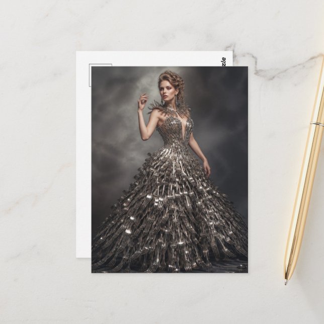 Carte Postale Une belle femme en robe faite de fourchettes (Devant/Arrière en situation)