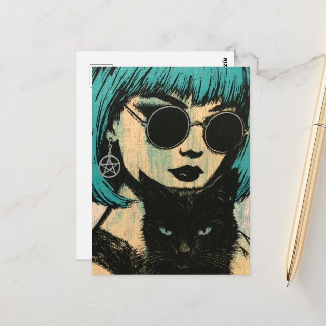 Carte Postale Une belle sorcière avec son chat noir  (Devant/Arrière en situation)