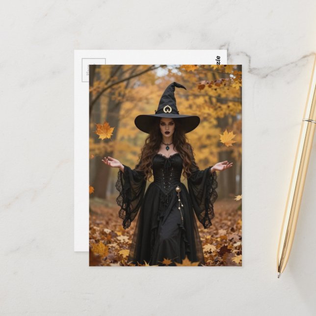 Carte Postale Une Belle Sorcière en Automne (Devant/Arrière en situation)