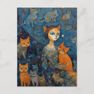 Carte Postale Une dame au chat en ville la nuit avec ses chats