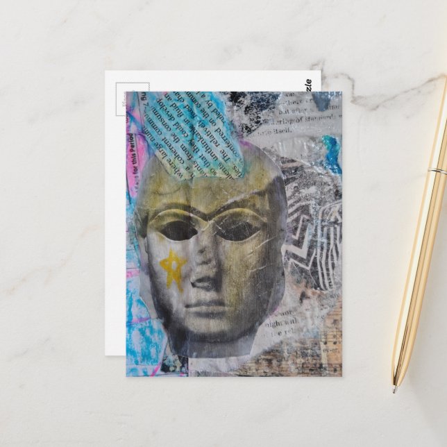 Carte Postale Une dame de pierre visage Collage de médias mixtes (Devant/Arrière en situation)