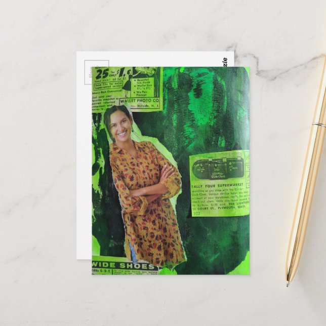 Carte Postale Une Dame Heureuse Collage Mixte Média Publicités R (Devant/Arrière en situation)