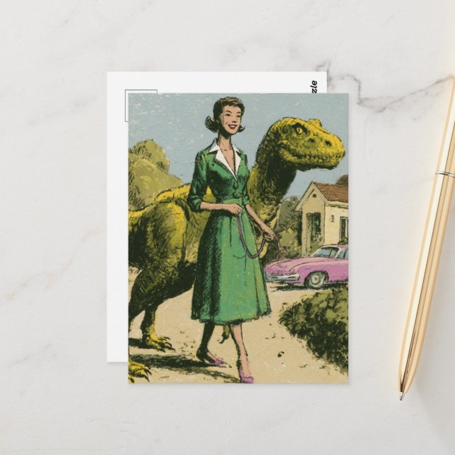Carte Postale Une dame rétro promène son dinosaure vert (Devant/Arrière en situation)
