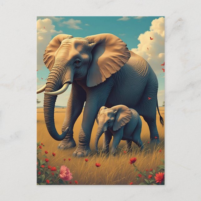 Carte Postale Une douce maman sentimentale et un éléphant de béb (Devant)