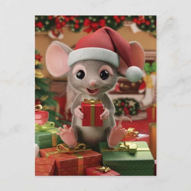 Carte Postale Une drôle de souris de Noël assise sur des cadeaux (Devant)