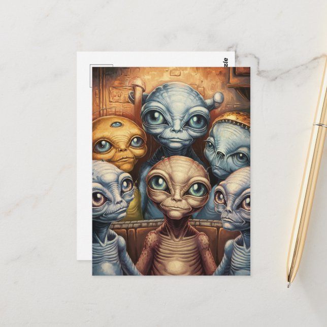 Carte Postale Une famille d'extraterrestres (Devant/Arrière en situation)