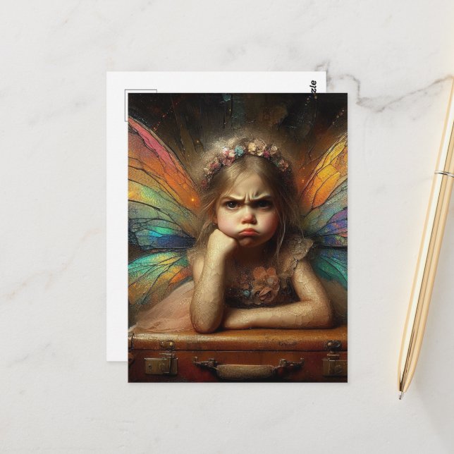 Carte Postale Une fée adorable et agacée avec une valise (Devant/Arrière en situation)