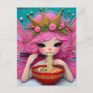 Carte Postale Une Fée Avec Des Cheveux Roses Mangeant Un Ramen