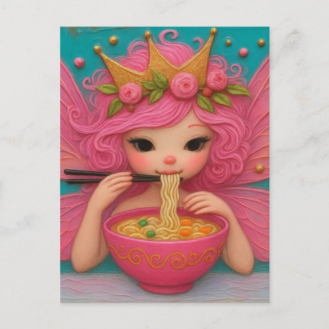 Carte Postale Une Fée Avec Des Cheveux Roses Mangeant Un Ramen (Devant)