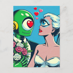 Carte Postale Une femme Alien et un robot vert dans l'amour