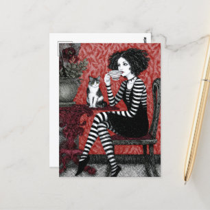 Carte Postale Une Femme Apprécie Le Café Avec Un Chat