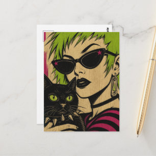 Carte Postale Une femme aux cheveux verts citron et son chat noi