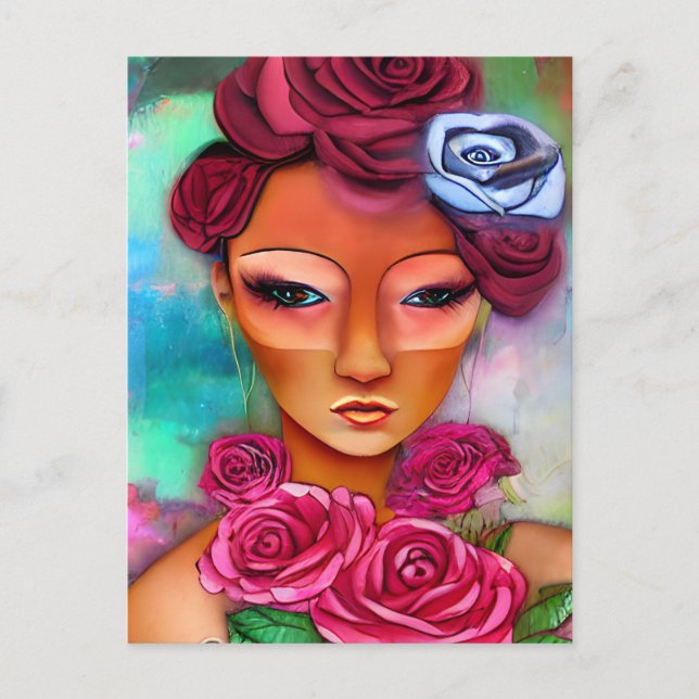 Carte Postale Une Femme Avec Des Roses Médias Mixtes (Devant)