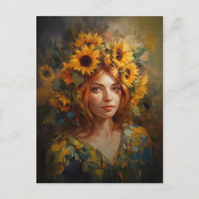 Carte Postale Une femme avec des tournesols dans les cheveux (Devant)