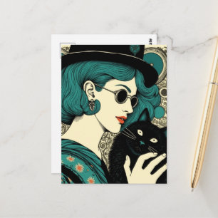 Carte Postale Une femme avec son chat noir 