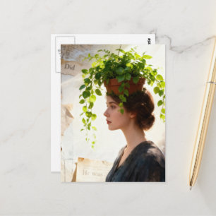 Carte Postale Une femme avec une plante d'intérieur sur la tête