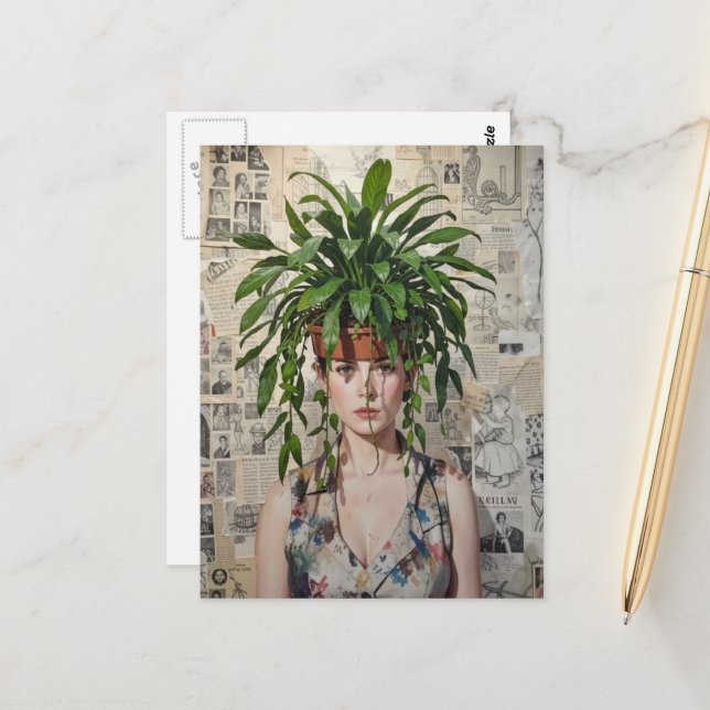 Carte Postale Une femme avec une plante en pot sur la tête Colla (Devant/Arrière en situation)