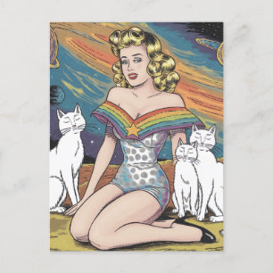 Carte Postale Une femme dans l'espace avec des chats blancs