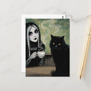 Carte Postale Une femme et son chat Café du matin