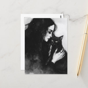 Carte Postale Une femme et son chat noir