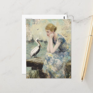 Carte Postale Une femme et un pélican collage médiatique mixte