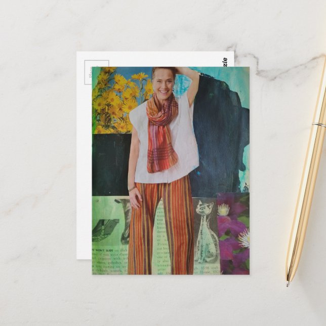 Carte Postale Une femme heureuse Collage de média mixtes de chat (Devant/Arrière en situation)