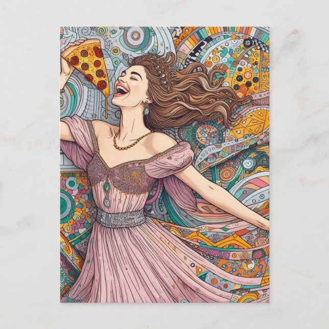 Carte Postale Une Femme Joyeuse À La Pizza (Devant)