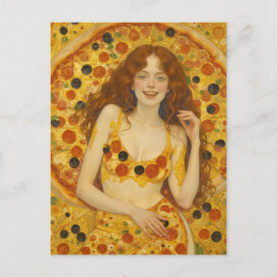 Carte Postale Une femme joyeuse avec une robe pizza
