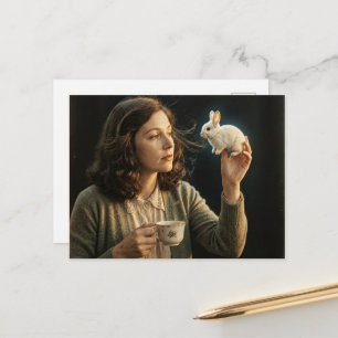 Carte Postale Une femme magnifique et un minuscule lapin magique