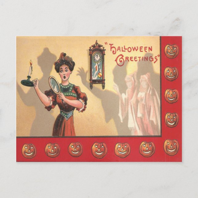 Carte Postale Une Femme Miroir Horloge Ghost Jack-o'-lantern (Devant)