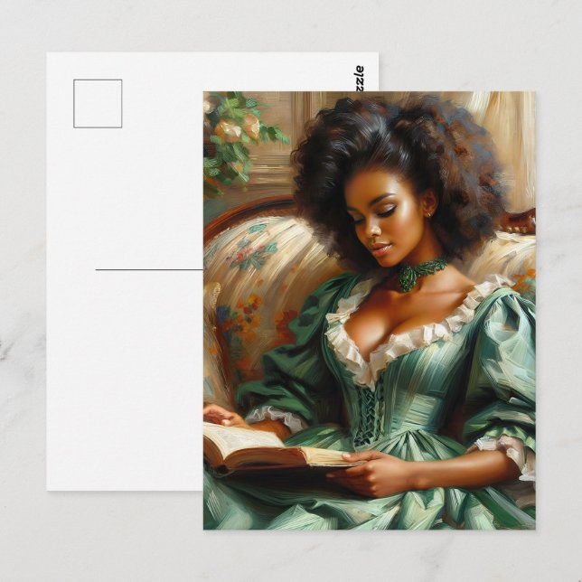 Carte Postale Une Femme Noire Magnifique Lire Un Livre À L'Intér (Devant / Derrière)