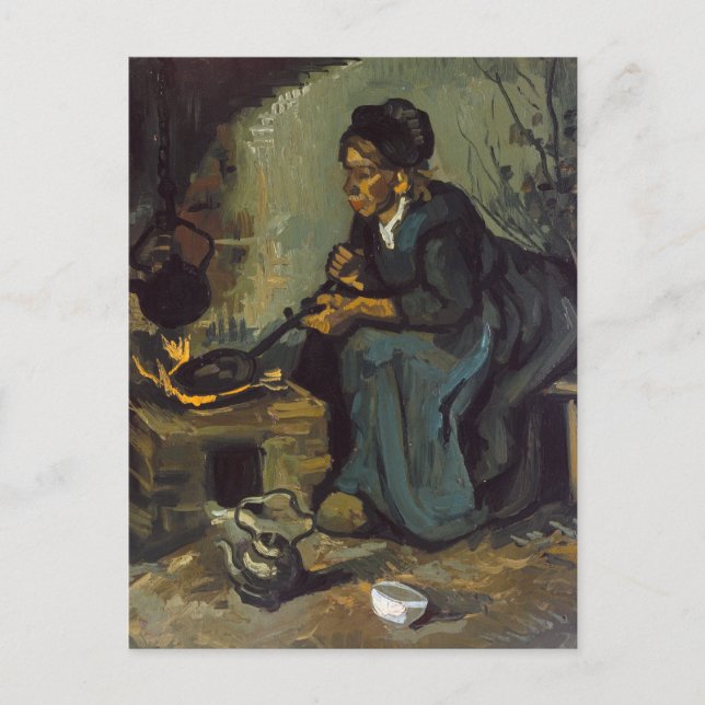 Carte Postale Une femme paysanne Cuisine devant une cheminée (Devant)