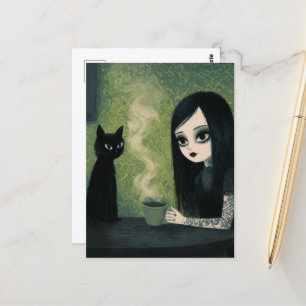 Carte Postale Une femme qui aime le café et son chat noir