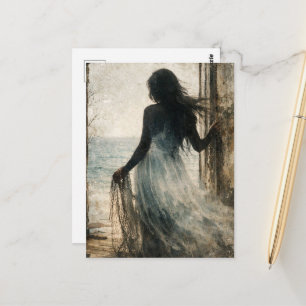 Carte Postale Une femme regarde la porte de sa maison de plage