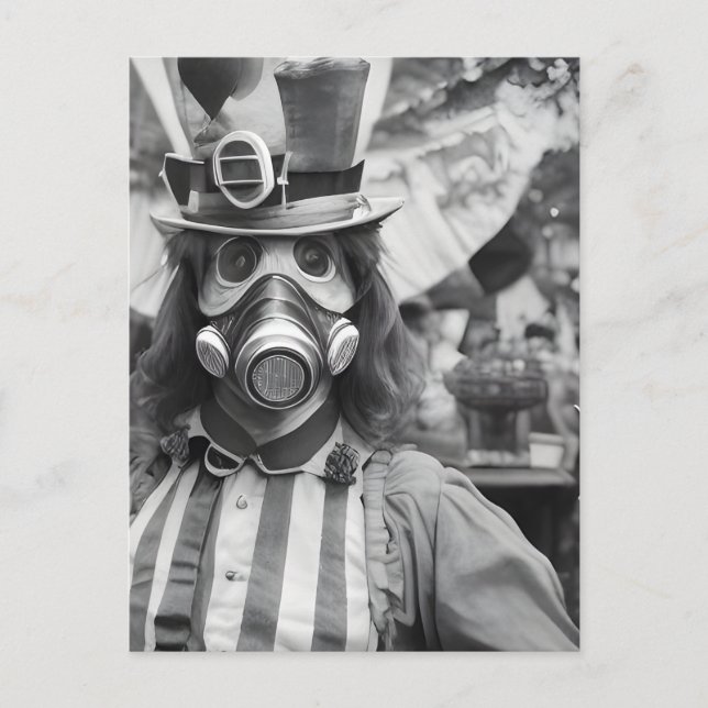 Carte Postale Une femme rétro dans un masque à gaz lors d'un car (Devant)