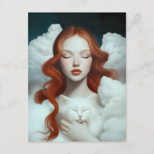Carte Postale Une femme rouge haïe tenant un chat dans les nuage