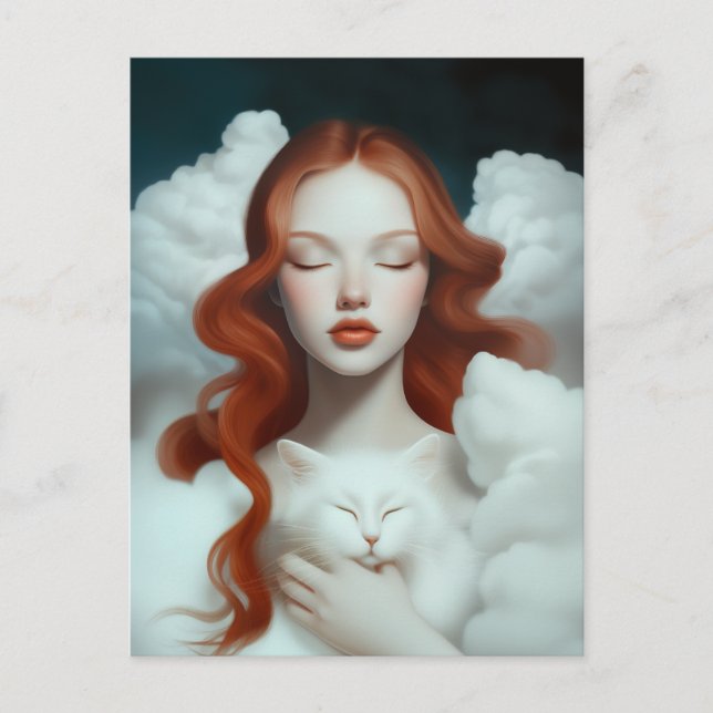 Carte Postale Une femme rouge haïe tenant un chat dans les nuage (Devant)