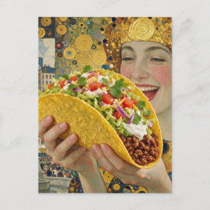 Carte Postale Une femme surréaliste joyeuse avec un taco géant