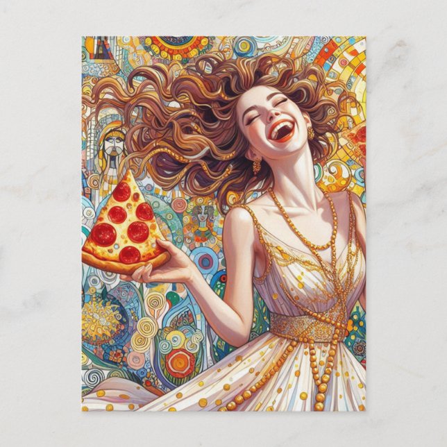 Carte Postale Une Femme Très Heureuse Avec Pizza (Devant)