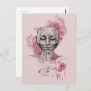 Carte Postale Une femme visage dans le verre de vin dessin surré