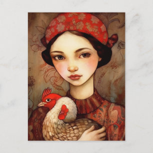 Carte Postale Une fille avec son art AI de poulet de compagnie