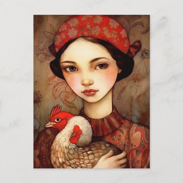 Carte Postale Une fille avec son art AI de poulet de compagnie (Devant)