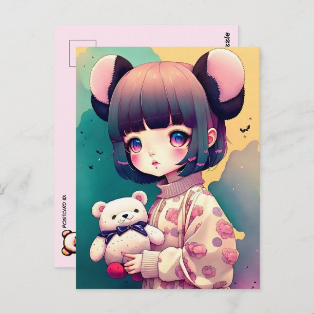 Carte Postale Une fille d'Anime avec un ours en peluche, poste (Devant / Derrière)
