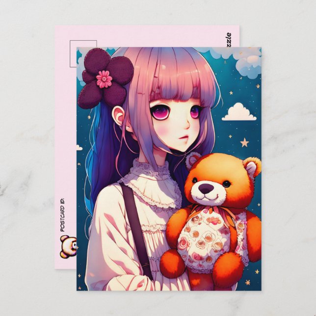 Carte Postale Une fille d'Anime avec un ours en peluche, poste (Devant / Derrière)