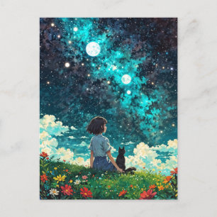 Carte Postale une fille et son chat s'assoient ensemble sur un t