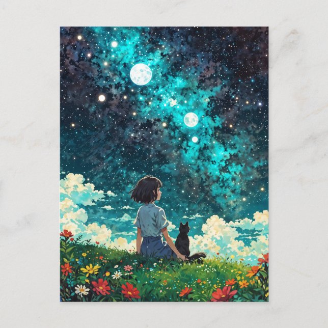 Carte Postale une fille et son chat s'assoient ensemble sur un t (Devant)