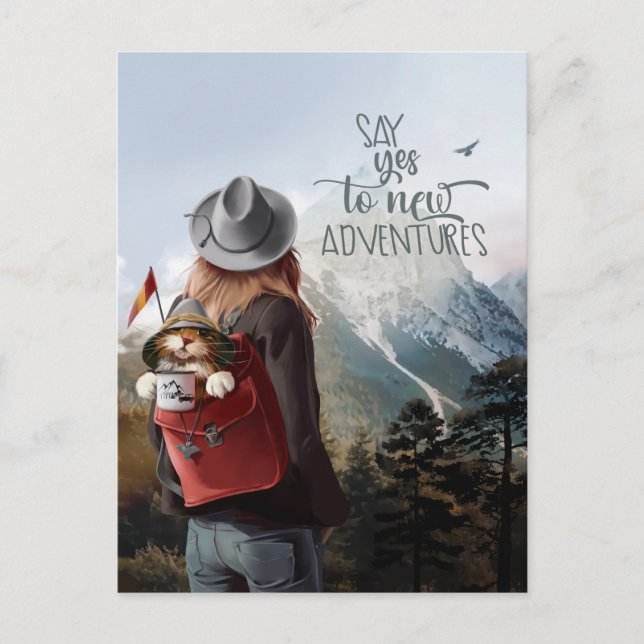 Carte Postale Une fille voyage avec un chat dans un sac à dos (Devant)
